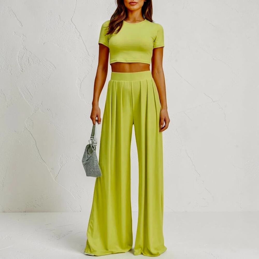 Neon Lime 2 Pc Set Crop Top Palazzo Pants Wide Leg Stretch Festival NWT Size L